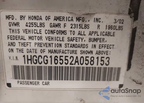 2002 Honda Accord 3.0 Ex из США, поврежденный, VIN 1HGCG16552A058153